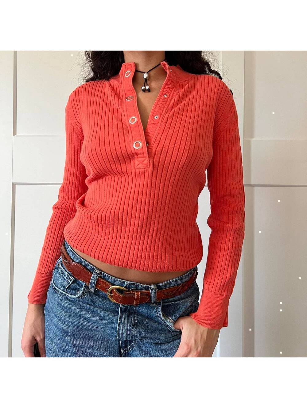 Vintage Lauren Ralph Lauren Ribbed Henley Sweater – Coral Orange, Size Medium